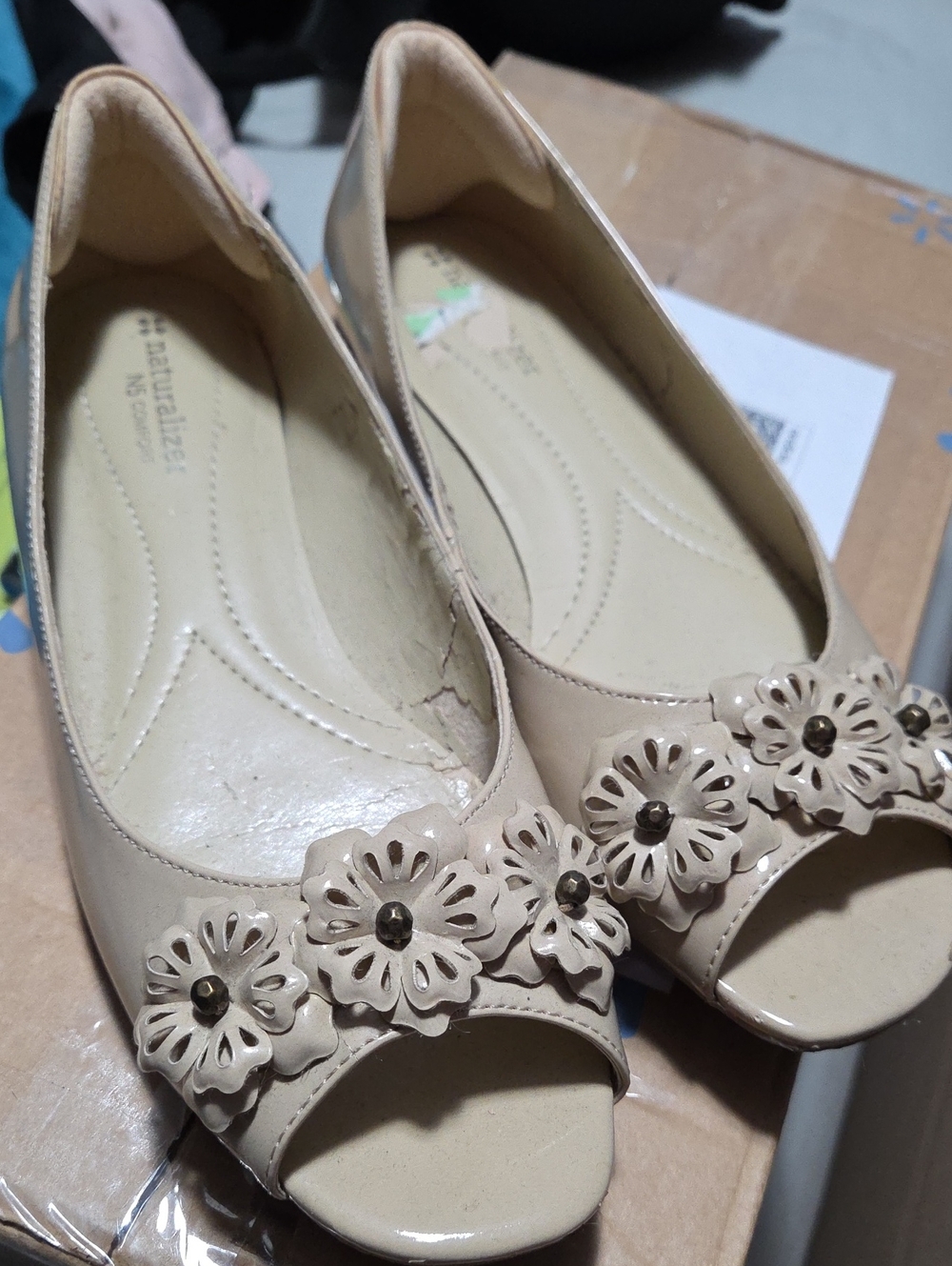 Naturalizer Cream Peep-Toe Flats with Floral Stud Accents